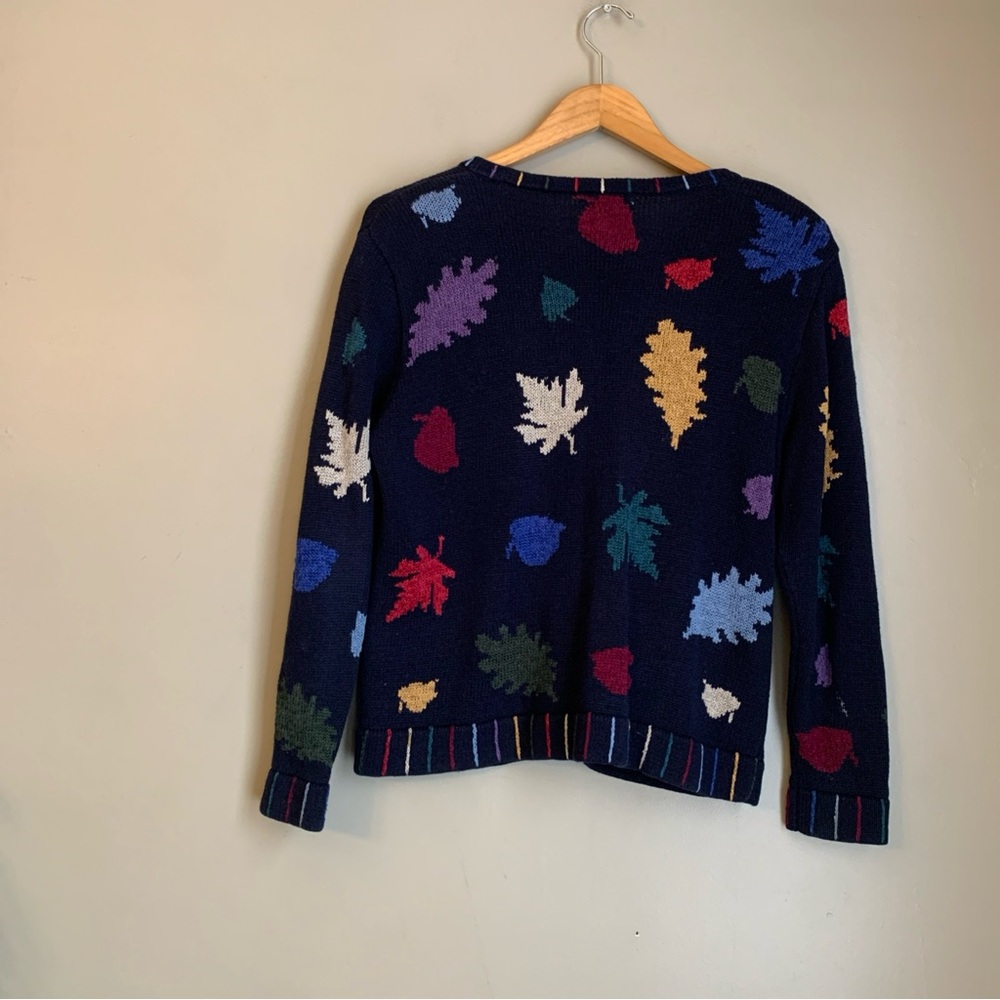 Vtg Christopher & Banks Fall Leaf Sweater Blue Hand Embroidered Knit Leaf Button - Picture 7 of 7